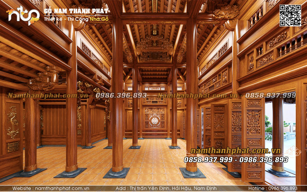 Thiết kế nội thất nhà gỗ 3 gian 2 chái đủ cột với 7 hàng chân